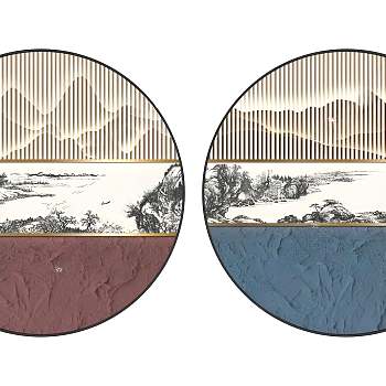 新中式轻奢山水圆形装饰画3D模型下载